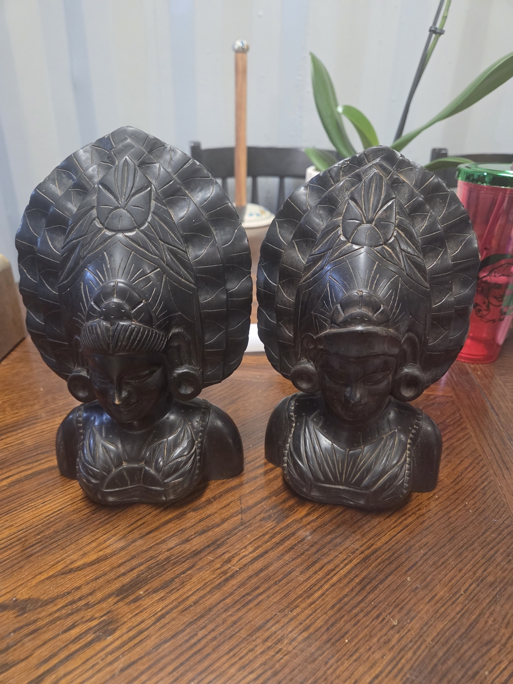 Vintage Hand-Carved Black Decorative Balinese Bust Sculptures - Set of 2